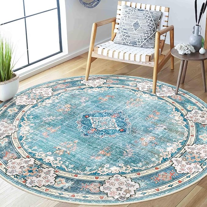 MUJOO Teal Round Rug 5ft,Circle Washable Area Rugs for Bedroom Living Room Bathroom,Boho Large Non Slip Circular Carpet,Floral