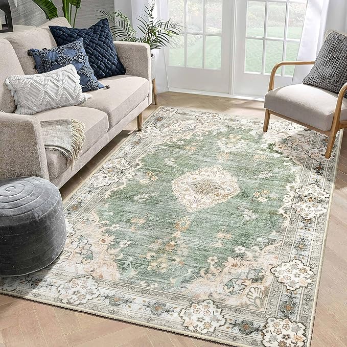 MUJOO 5'x7' Area Rugs Green Machine Washable Rugs Living Room Rugs Boho Area Rug for Bedroom Laundry Room Kitchen Non Slip Carpet Abstract Soft Low-Pile Floral