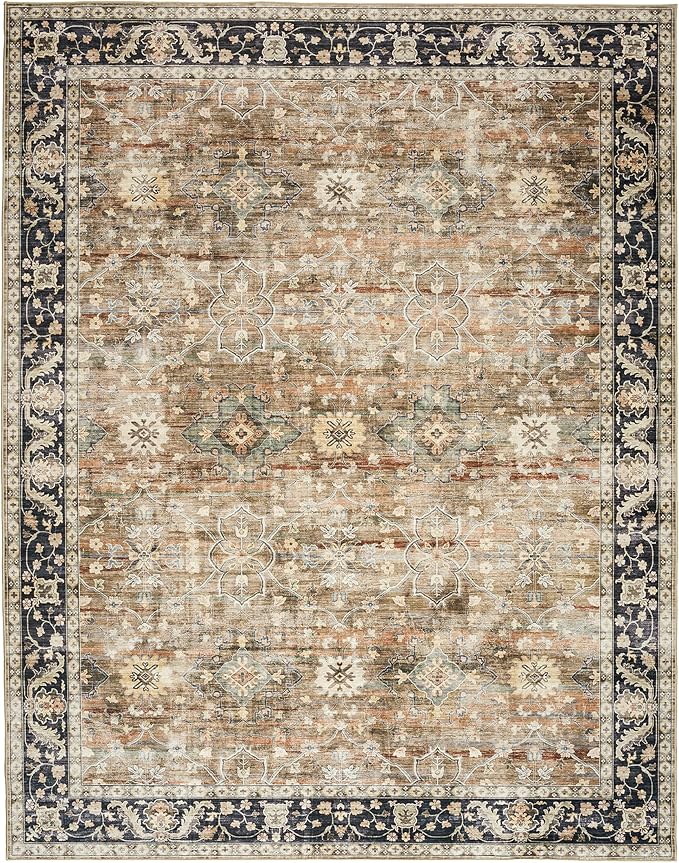 ReaLife Machine Washable Area Rug - Living Room Bedroom Bathroom Kitchen Entryway Office - Padded Low Pile Stain Resistant Premium - Boho Farmhouse Vintage - BEV - Beige Tan Brown 7'6" x 9'6"