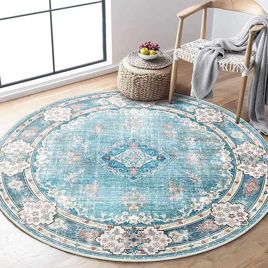 MUJOO Teal Round Rug 4ft,Circle Washable Area Rugs for Bedroom Living Room Bathroom,Boho Small Non Slip Circular Carpet,Floral
