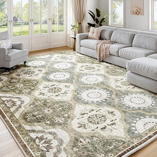 EnHomee Area Rugs 5x7, Soft Washable Rugs for Living Room Bedroom, Boho Non Slip Low Pile Stain Resistant Washable Rug Large Carpet for Dining Room,Easy to Clean Living Room Rug, Green