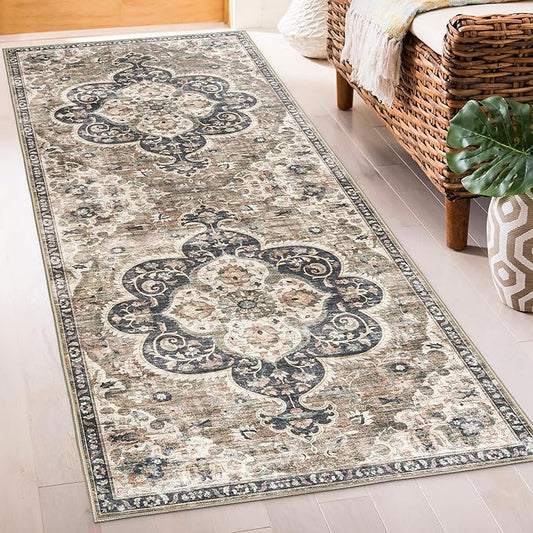 ReaLife Rugs Machine Washable Area Rug Runner - Living Room Bedroom Bathroom Kitchen Entryway Office - Padded Low Pile Stain Resistant Premium - Boho Farmhouse Vintage - Joy - Brown Beige 2'6" x 10'