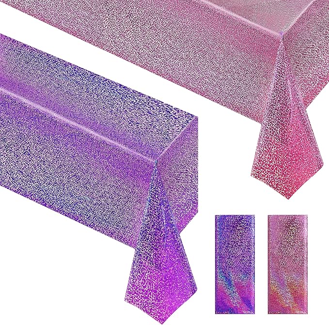 2 pcs Pink&Purple Holographic Party Tablecloths 40" x 108" Laser Sparkly Table Cloths Iridescence Foil Glitter Table Cover for Halloween Wedding Anniversary Baby Shower Birthday Party Supplies