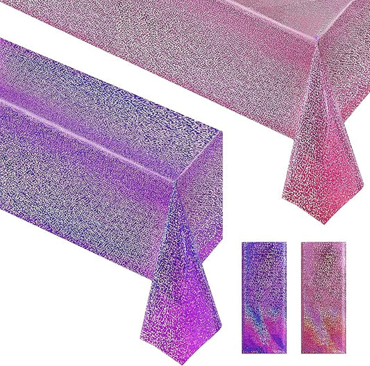 2 pcs Pink&Purple Holographic Party Tablecloths 40" x 108" Laser Sparkly Table Cloths Iridescence Foil Glitter Table Cover for Halloween Wedding Anniversary Baby Shower Birthday Party Supplies