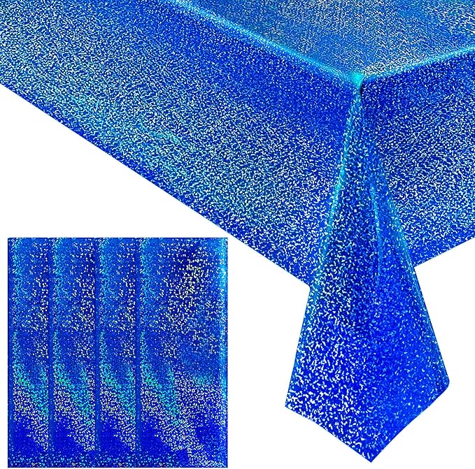 4 pcs Royal Blue Holographic Party Tablecloth 40" x 108" Iridescence Plastic Table Cloth Navy Blue Sparkly Table Covers for Graduation 4th of July Birthday Winter Christmas Party Decoration