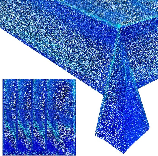 4 pcs Royal Blue Holographic Party Tablecloth 40" x 108" Iridescence Plastic Table Cloth Navy Blue Sparkly Table Covers for Graduation 4th of July Birthday Winter Christmas Party Decoration