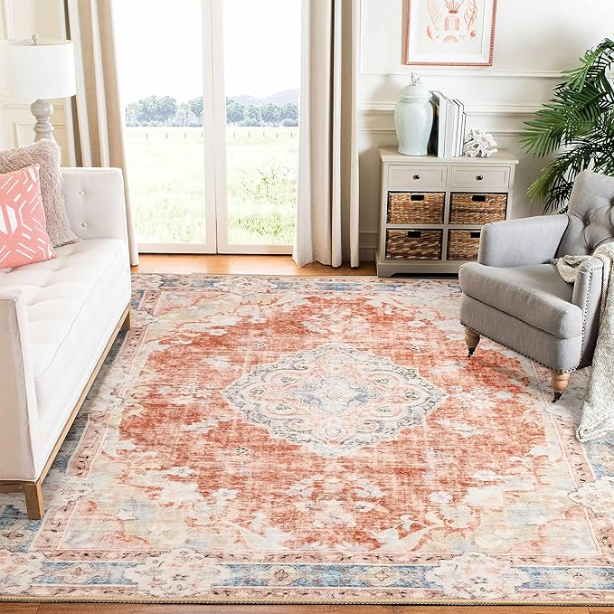MUJOO 6'x9' Area Rugs for Living Room Washable Rugs Large Boho Carpet for Bedroom Dining Room Neutral Vintage Farmhouse Abstract Non Slip Soft Low-Pile Floral Flowers Orange