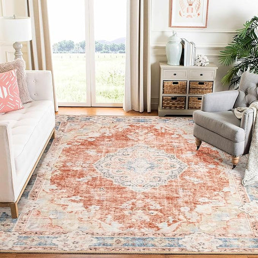 MUJOO 6'x9' Area Rugs for Living Room Washable Rugs Large Boho Carpet for Bedroom Dining Room Neutral Vintage Farmhouse Abstract Non Slip Soft Low-Pile Floral Flowers Orange