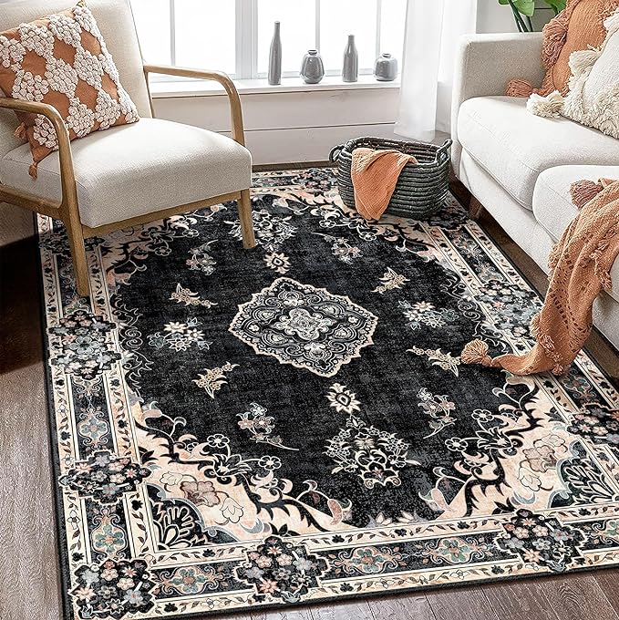 MUJOO Boho Rug 4'x6.5',Black Area Rugs for Bedroom Living Room Dining Room,Machine Washable Non Slip Carpet Vintage Bohemian Distressed Farmhouse,Floral
