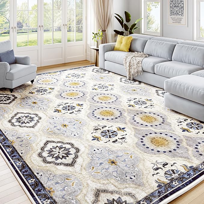 EnHomee Area Rugs 5x7, Soft Washable Rugs for Living Room Bedroom, Boho Non Slip Low Pile Stain Resistant Washable Rug Large Carpet for Dining Room,Easy to Clean Living Room Rug, Blue