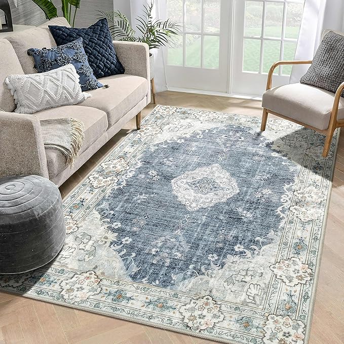MUJOO 5'x7' Area Rugs Blue Grey Machine Washable Rugs Living Room Rugs Boho Rug for Bedroom Laundry Room Kitchen Non Slip Large Carpet Abstract Soft Low-Pile Floral