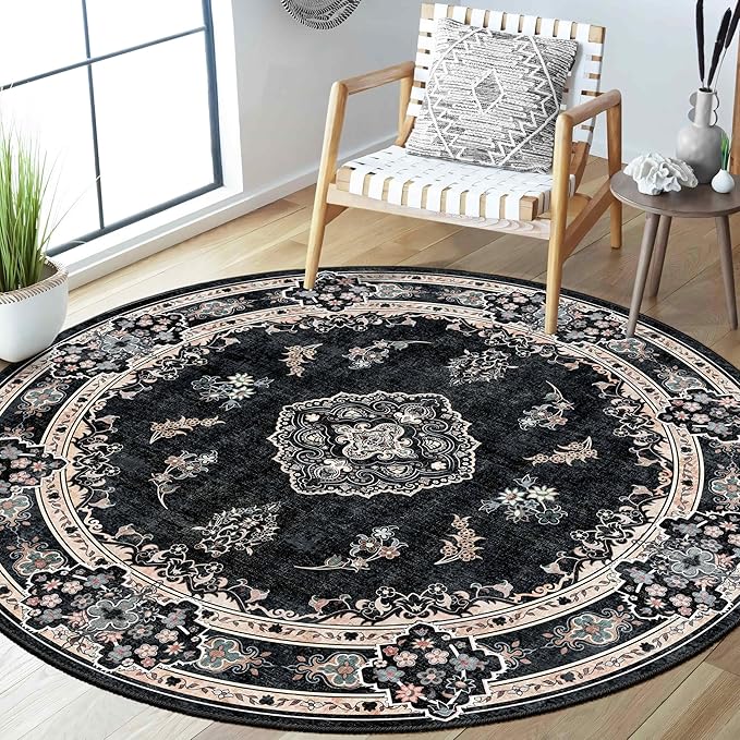 MUJOO Black Round Rug 5ft,Circle Washable Area Rugs for Bedroom Living Room Bathroom,Boho Vintage Bohemian Distressed Farmhouse Large Non Slip Circular Carpet,Floral