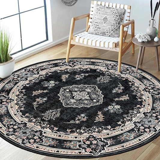 MUJOO Black Round Rug 5ft,Circle Washable Area Rugs for Bedroom Living Room Bathroom,Boho Vintage Bohemian Distressed Farmhouse Large Non Slip Circular Carpet,Floral