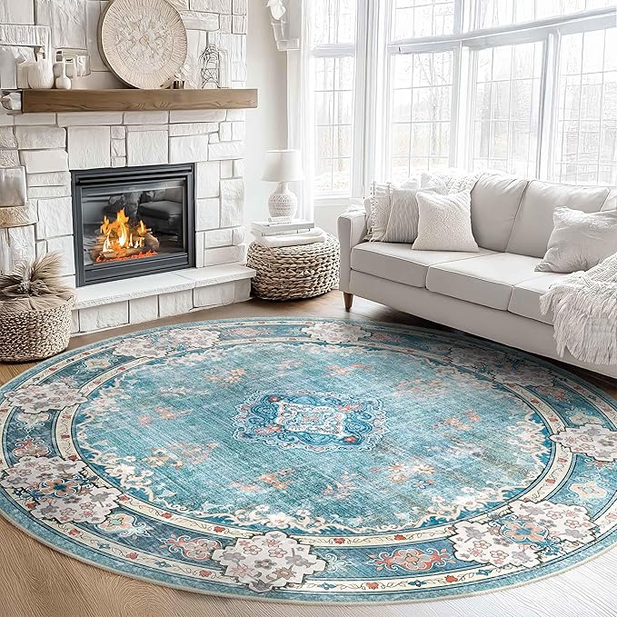MUJOO Teal Round Rug 9ft,Large Circle Washable Area Rugs for Bedroom Living Room Bathroom,Boho Non Slip Circular Carpet,Floral