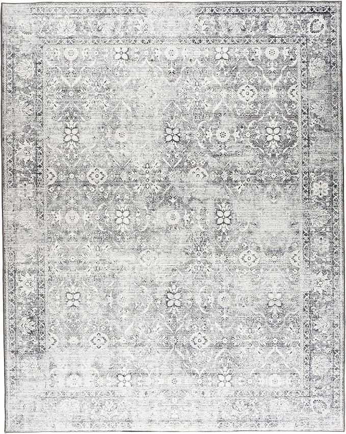 ReaLife Rugs Machine Washable Area Rug - Living Room Bedroom Bathroom Kitchen Entryway Office - Padded Low Pile Stain Resistant Premium - Boho Farmhouse Vintage - Noor - Silver Ivory 7'6" x 9'6"