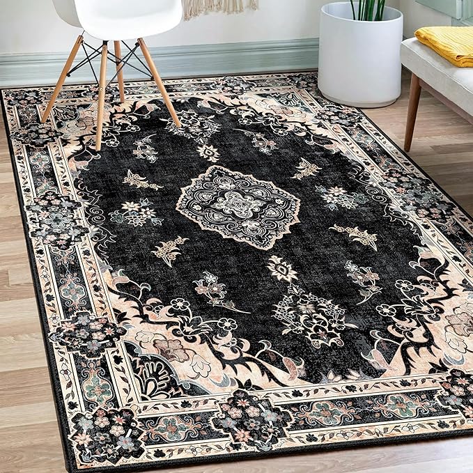 MUJOO Black Rug 3'x5' Washable, Boho Area Rugs for Entryway Bedroom Living Room Kitchen,Small Vintage Bohemian Distressed Farmhouse Non Slip Carpet,Floral
