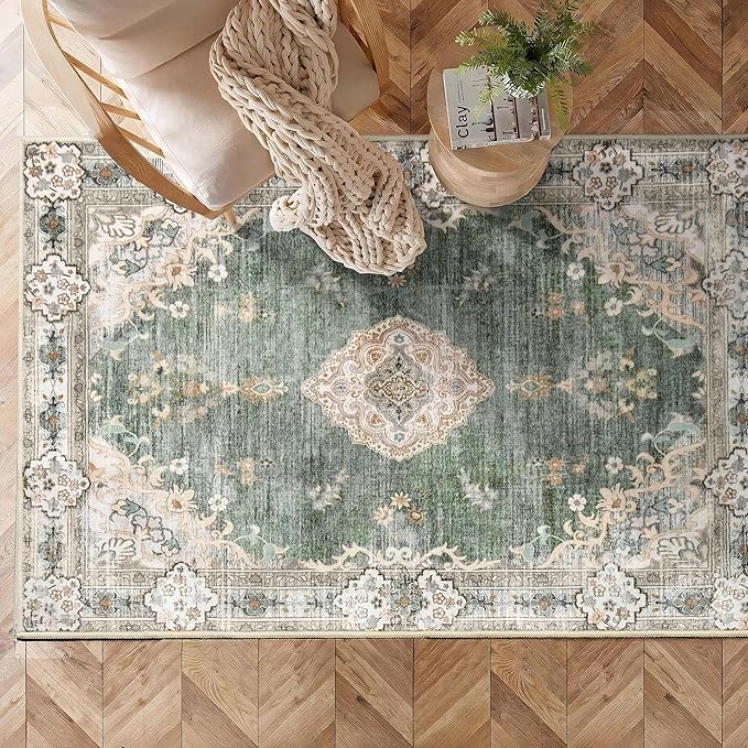 MUJOO Boho Rug 3'x5' Area Rug Small Green Rug Vintage Machine Washable Rugs for Entryway Bedroom Bedside Kitchen Hallway Living Room Laundry Room Indoor Mat Non Slip Soft Low-Pile Floral