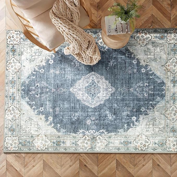 MUJOO Boho Rug 3'x5' Blue Grey Rugs Machine Washable Area Rug Small Non Slip Throw Rugs for Entryway Bedroom Bedside Kitchen Hallway Living Room Laundry Room Indoor Carpet Soft Low-Pile Floral