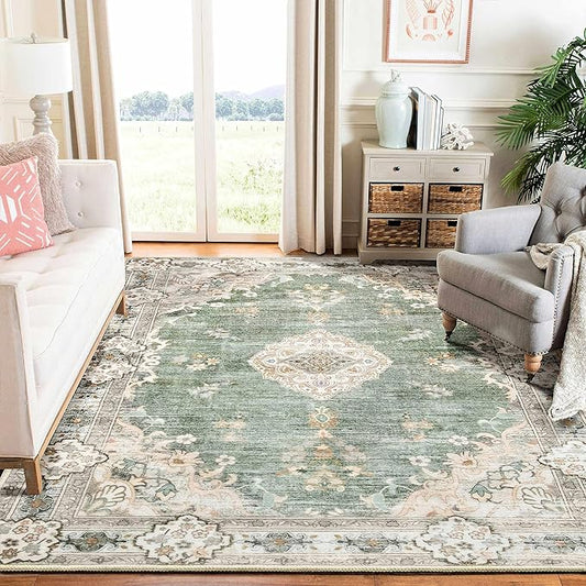 MUJOO Green Rug 6'x9' Area Rugs for Living Room Washable Rugs Large Boho Carpet for Bedroom Dining Room Neutral Vintage Farmhouse Abstract Non Slip Soft Low-Pile Floral Flowers