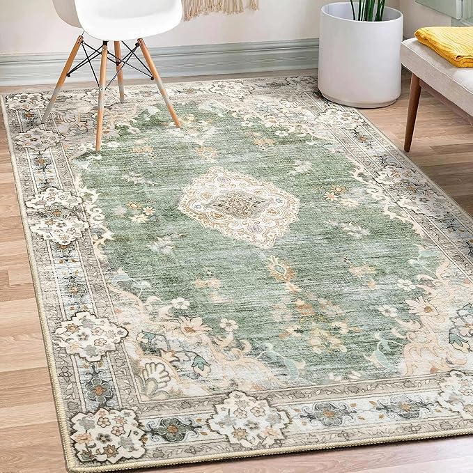 MUJOO Boho Rug 3'x5' Area Rug Small Green Rug Vintage Machine Washable Rugs for Entryway Bedroom Bedside Kitchen Hallway Living Room Laundry Room Indoor Mat Non Slip Soft Low-Pile Floral