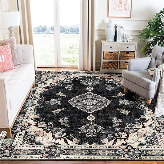 MUJOO Black Rug 6'x9',Washable Area Rugs for Living Room Bedroom Dining Room, Large Boho Vintage Farmhouse Distressed Non Slip Carpet,Floral Flowers