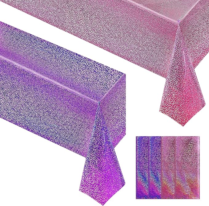 4 pcs Pink&Purple Holographic Party Tablecloths 40" x 108" Laser Sparkly Table Cloths Iridescence Foil Glitter Table Cover for Halloween Wedding Anniversary Baby Shower Birthday Party Supplies