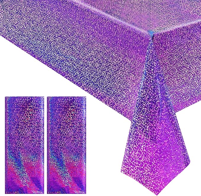 2 pcs Purple Holographic Plastic Tablecloths Laser Table Covers 40" x 108" Foil Disposable Table Cloths for Party Birthday Wedding Christmas Holiday Party Decorations