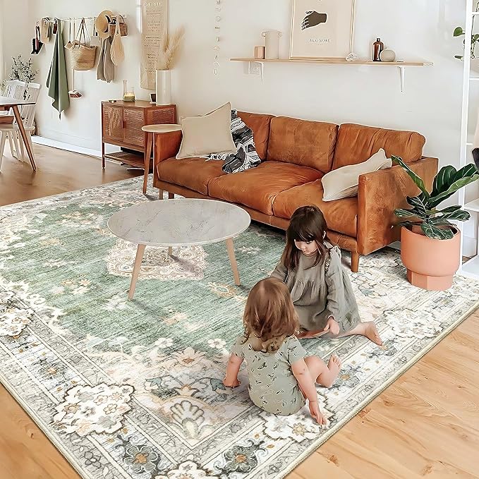 MUJOO Green Rug 6'x9' Area Rugs for Living Room Washable Rugs Large Boho Carpet for Bedroom Dining Room Neutral Vintage Farmhouse Abstract Non Slip Soft Low-Pile Floral Flowers