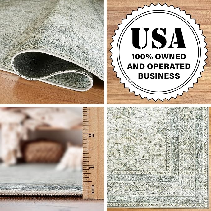 ReaLife Rugs Machine Washable Area Rug Runner - Living Room Bedroom Bathroom Kitchen Entryway Office - Padded Low Pile Stain Resistant Premium - Boho Farmhouse Vintage - BEV - Green 3' x 5'