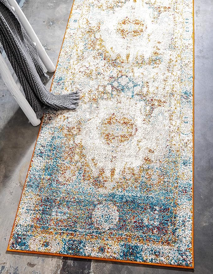 Unique Loom Rosso Collection Traditional, Vintage, Medallion, Border, Distressed, Southwestern Area Rug, 2 ft 7 in x 10 ft, Ivory/Blue
