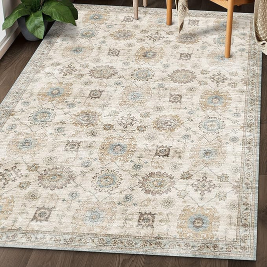 ReaLife Rugs Machine Washable Area Rug - Living Room Bedroom Bathroom Kitchen Entryway Office - Padded Low Pile Stain Resistant Premium - Boho Farmhouse Vintage - Bryn - Beige Seafoam 5' x 7'