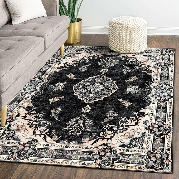 MUJOO Area Rugs 5'x7'Black,Boho Rug for Bedroom Living Room Dining Room, Large Machine Washable Non Slip Carpet Vintage Bohemian Distressed Farmhouse,Floral