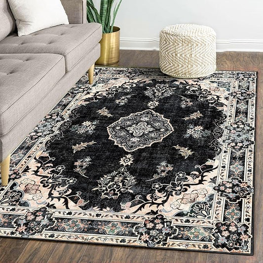 MUJOO Area Rugs 5'x7'Black,Boho Rug for Bedroom Living Room Dining Room, Large Machine Washable Non Slip Carpet Vintage Bohemian Distressed Farmhouse,Floral