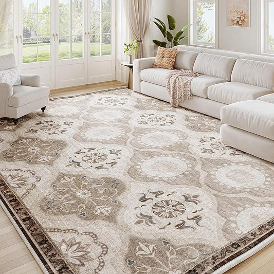 EnHomee Area Rugs 5x7, Soft Washable Rugs for Living Room Bedroom, Boho Non Slip Low Pile Stain Resistant Washable Rug Large Carpet for Dining Room,Easy to Clean Living Room Rug, Khaki