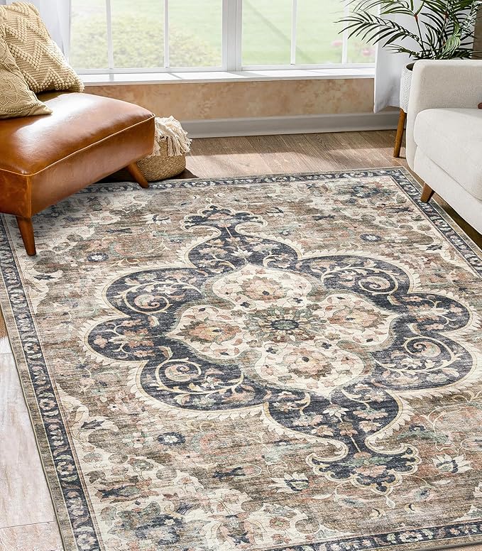 ReaLife Rugs Machine Washable Area Rug - Living Room Bedroom Bathroom Kitchen Entryway Office - Padded Low Pile Stain Resistant Premium - Boho Farmhouse Vintage - Joy - Brown Beige 7'6" x 9'6"