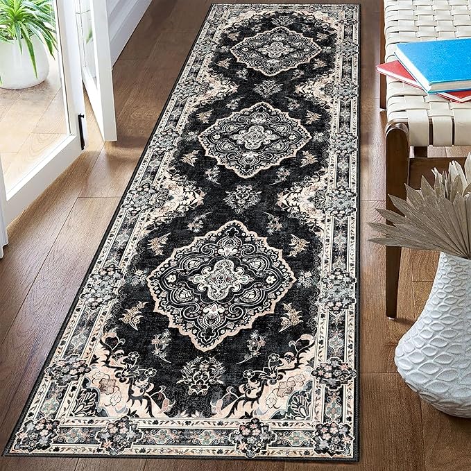 MUJOO Hallway Runner Rug 2'x8' Black,Long Boho Rug Runners Washable Non Slip Carpet for Entryway Kitchen Bathroom Bedside,Vintage Bohemian Distressed Farmhouse Non Slip Carpet,Floral
