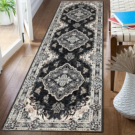 MUJOO Hallway Runner Rug 2'x8' Black,Long Boho Rug Runners Washable Non Slip Carpet for Entryway Kitchen Bathroom Bedside,Vintage Bohemian Distressed Farmhouse Non Slip Carpet,Floral