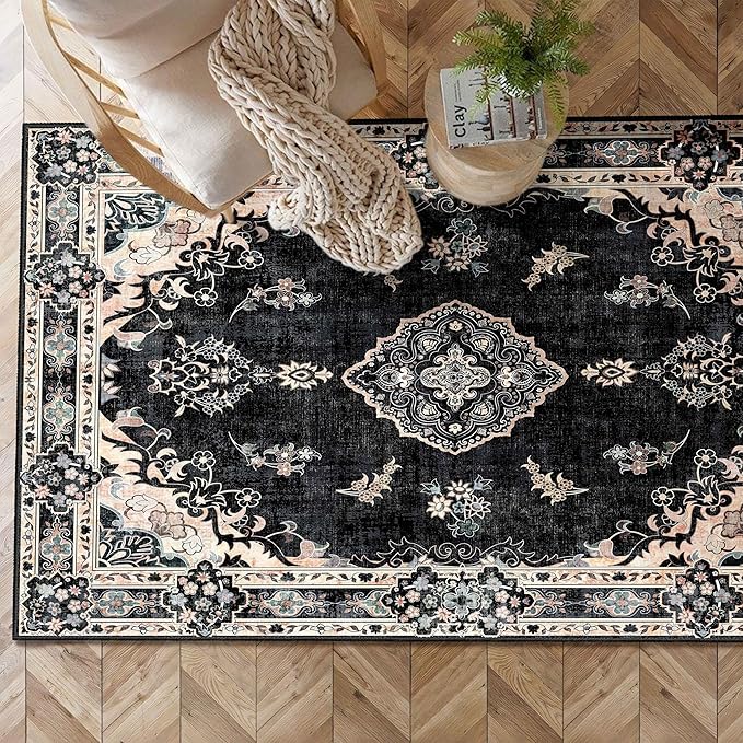 MUJOO Black Rug 3'x5' Washable, Boho Area Rugs for Entryway Bedroom Living Room Kitchen,Small Vintage Bohemian Distressed Farmhouse Non Slip Carpet,Floral