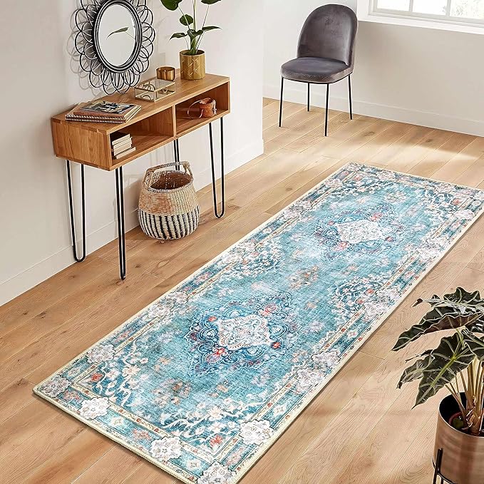 MUJOO Hallway Runner Rug - Machine Washable, Non Slip Boho Teal Rug for Hallways, Entryway, Kitchen, Bathroom, Bedside - Retro Soft Low-Pile 2'x6' Blue Blossom