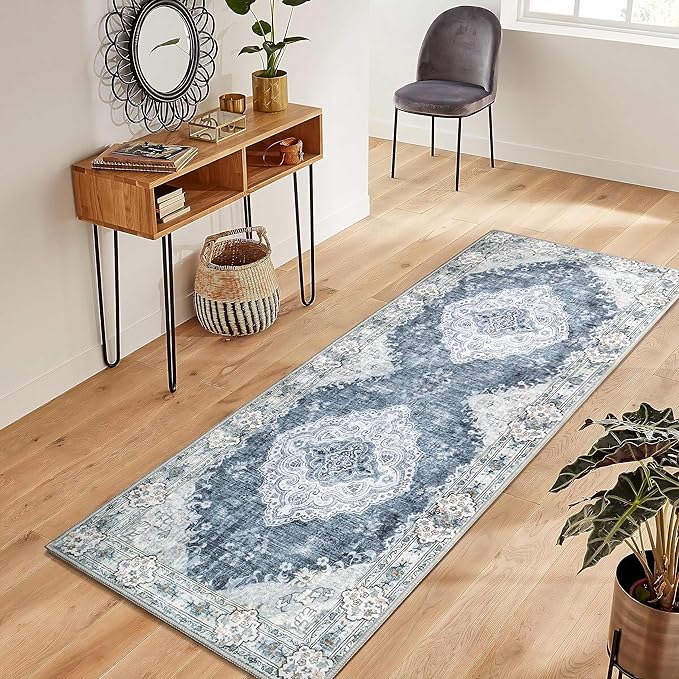 MUJOO Hallway Runner Rug Machine Washable Runner Rugs Non Slip Boho Blue Grey Runner Rug for Hallways Entryway Kitchen Bathroom Bedside Retro Soft Low-Pile 2'x6' Blossom