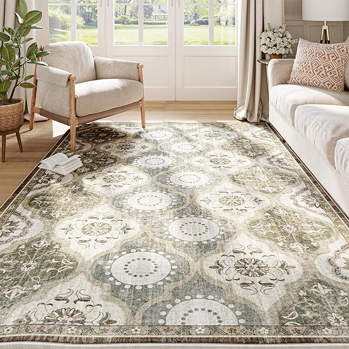EnHomee Washable Area Rugs 4x6, Soft Area Rug for Living Room Bedroom, Boho Non Slip Low Pile Stain Resistant Washable Rug Large Carpet for Dining Room,Easy to Clean Living Room Rug, Green