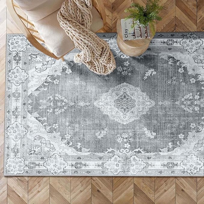 MUJOO Grey Rug 3'x5' Washable, Boho Area Rugs for Entryway Bedroom Living Room Kitchen,Small Vintage Bohemian Distressed Farmhouse Non Slip Carpet,Floral