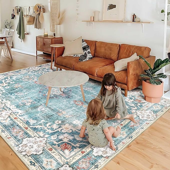 MUJOO Teal Rug 6'x9' Area Rugs for Living Room Washable Rugs Large Boho Carpet for Bedroom Dining Room Neutral Vintage Farmhouse Abstract Non Slip Soft Floral Blue Flowers Colorful