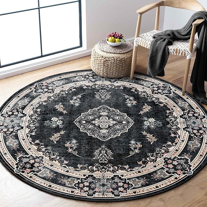 MUJOO Black Round Rug 4ft,Circle Washable Area Rugs for Bedroom Living Room Bathroom,Vintage Bohemian Distressed Farmhouse Non Slip Circular Carpet,Floral