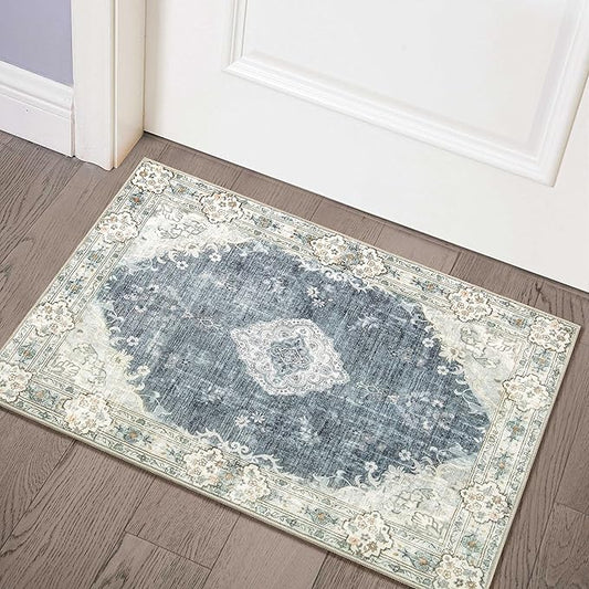 MUJOO Blue Grey Area Rug Small Rugs Boho Machine Washable Rugs Non Slip for Entryway Kitchen Bathroom Bedroom Vintage Soft Low-Pile 2'x3' Flowers