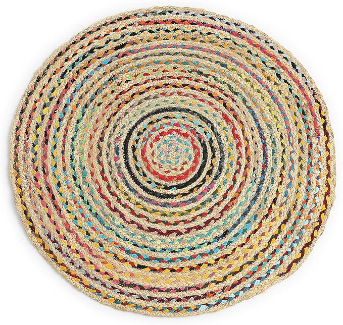REDEARTH · Jute Cotton Chindi Area Rug - 3' Round Rug, Handwoven, Non-Shedding, Soft & Durable – Multi Tones for Home Décor in Living Room, Dining Room, Bedroom