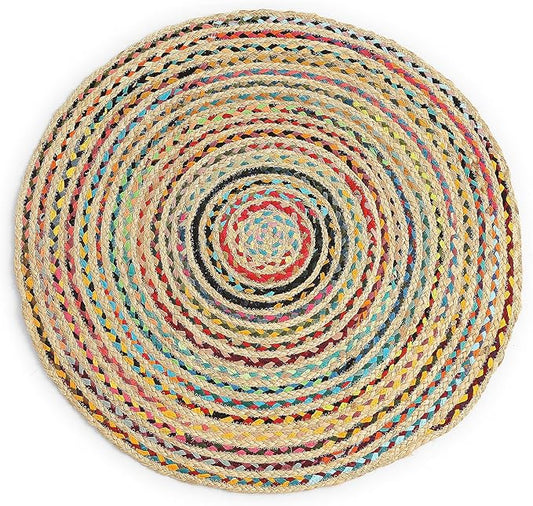 REDEARTH · Jute Cotton Chindi Area Rug - 3' Round Rug, Handwoven, Non-Shedding, Soft & Durable – Multi Tones for Home Décor in Living Room, Dining Room, Bedroom