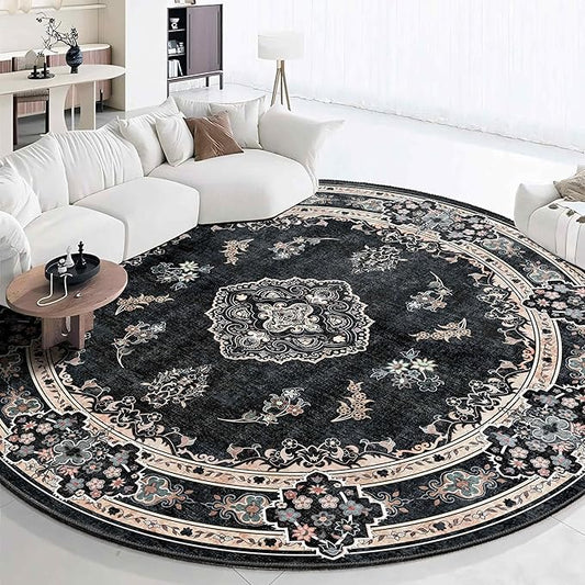 MUJOO Black Round Rug 9ft,Large Circle Washable Area Rugs for Bedroom Living Room Bathroom,Boho Non Slip Circular Carpet,Floral
