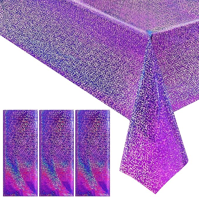 3 pcs Purple Holographic Laser Tablecloths Iridescence Shiny Table Covers 40" x 108" Foil Disposable Rectangle Table cloths for Halloween Bachelorette Birthday Party Wedding Anniversary Decor