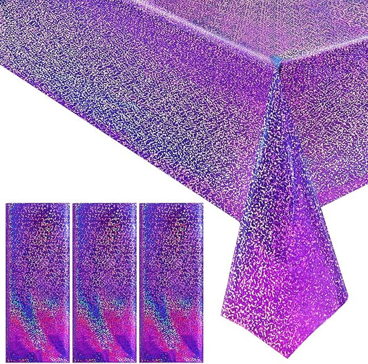 3 pcs Purple Holographic Laser Tablecloths Iridescence Shiny Table Covers 40" x 108" Foil Disposable Rectangle Table cloths for Halloween Bachelorette Birthday Party Wedding Anniversary Decor